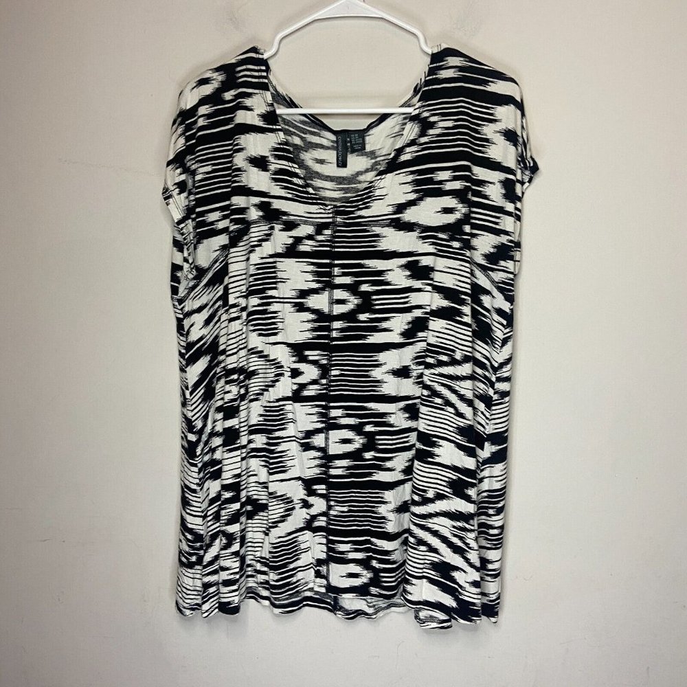 Cynthia Rowley Women 2X Blouse Black Print Stretch Short Sleeve Round Neck Tunic